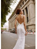 Halter Beaded Ivory Eyelash Lace Backless Wedding Dress